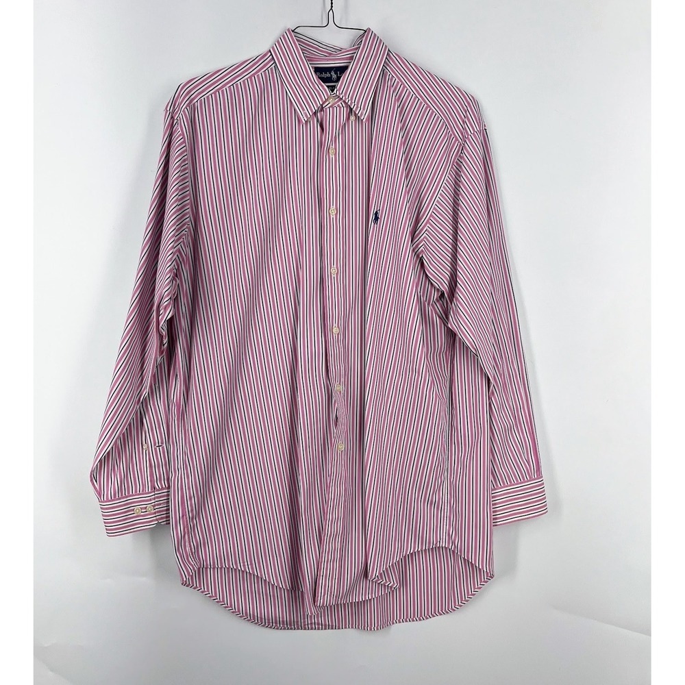 Ralph Lauren Mens Classic Fit Striped Button Down Shirt Pink White‎ Navy Blue L